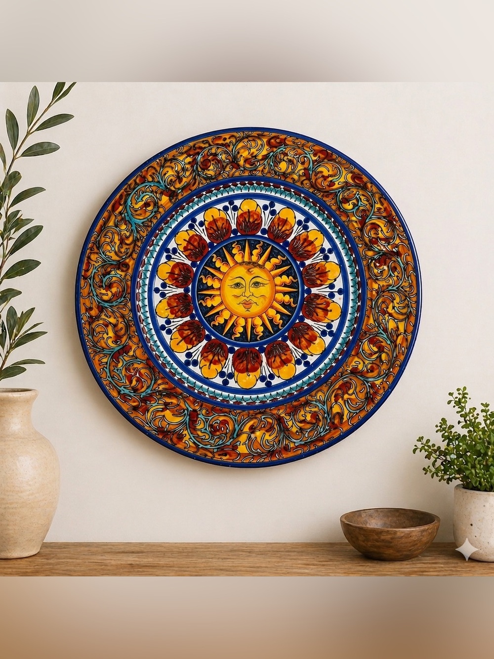 17” La Giara Italy Celestial Sun Face Majolica Plate Hand Painted Style Tuscan